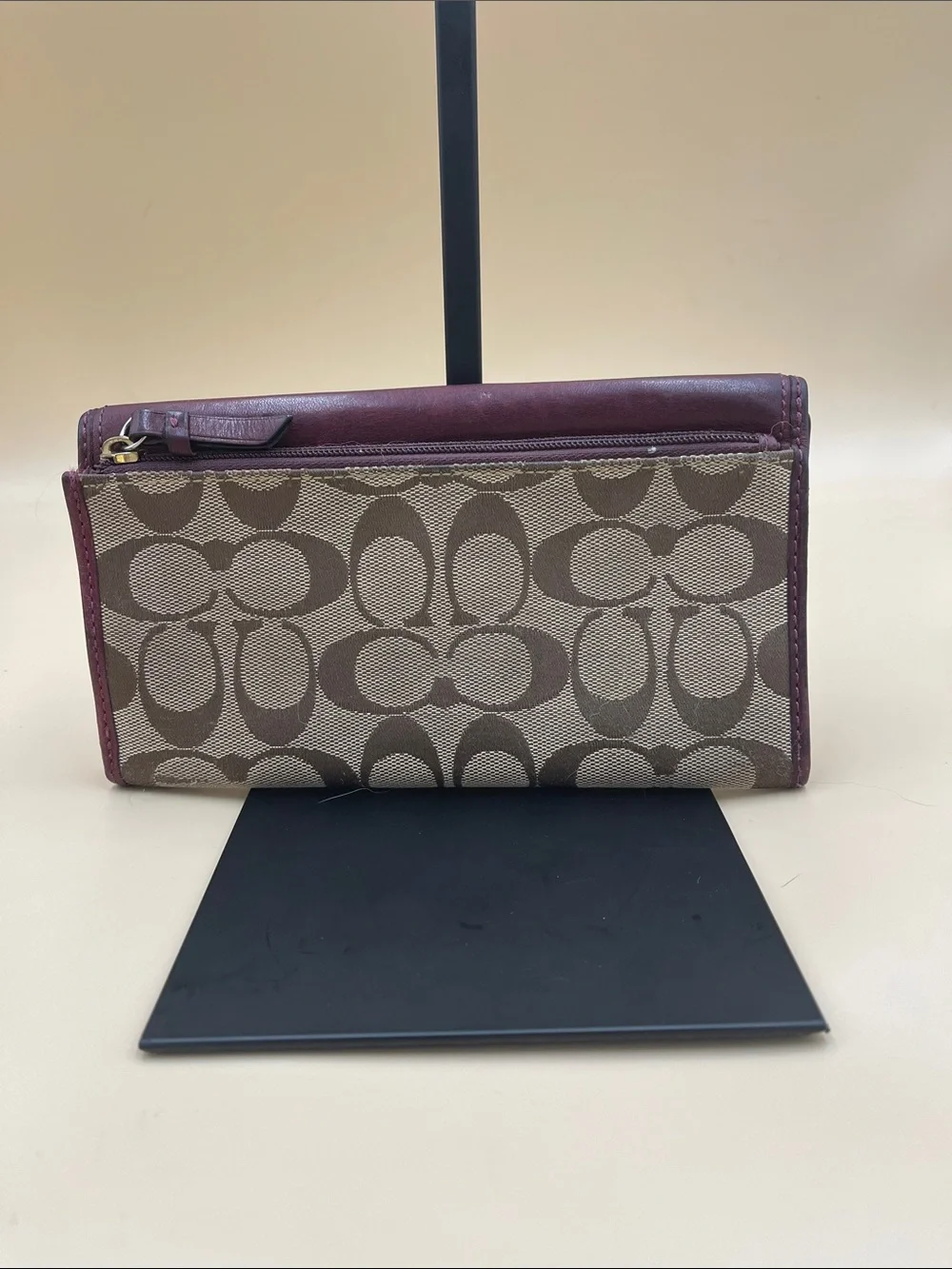 Coach Signature Canvas Wallet Burgundy Leather Trim and Gold Buckle Hardware